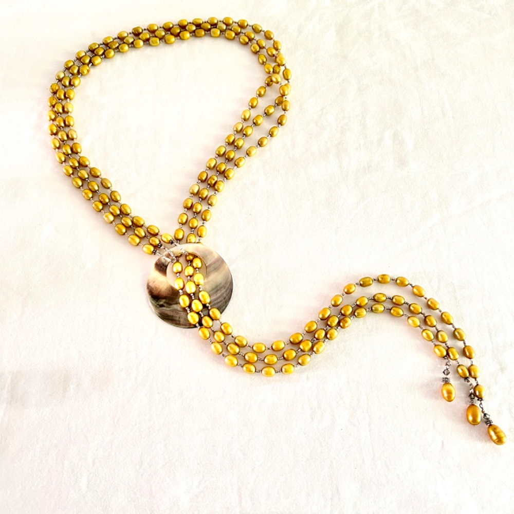 Yellow Baroque Long Necklace 3 Strands Faux Pearls Carved Abalon Shell Pendant